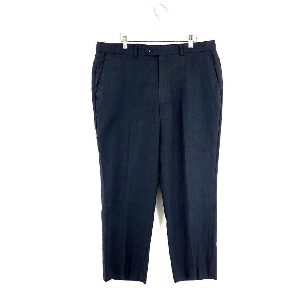 DAMAGED Unbranded‎ Blue Sharkskin Wool Flat Front High Rise Dress Pants 37/29